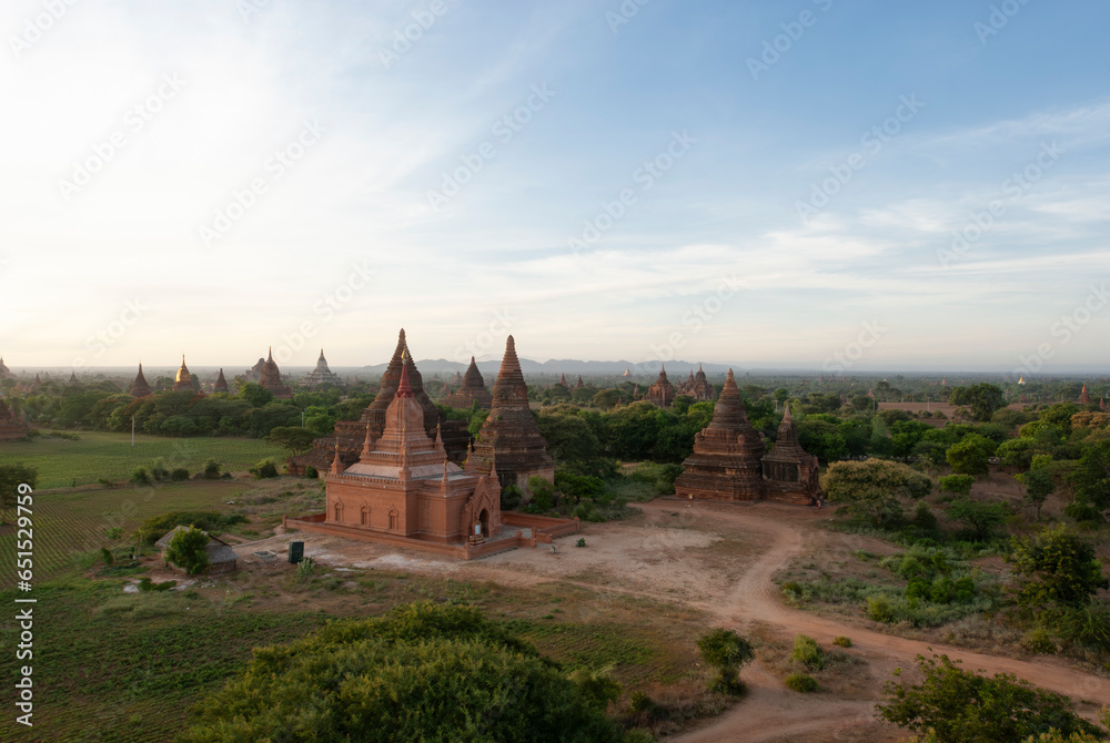 View at the temples of Bagan during sunrise, Bagan, Myanmar, Asia