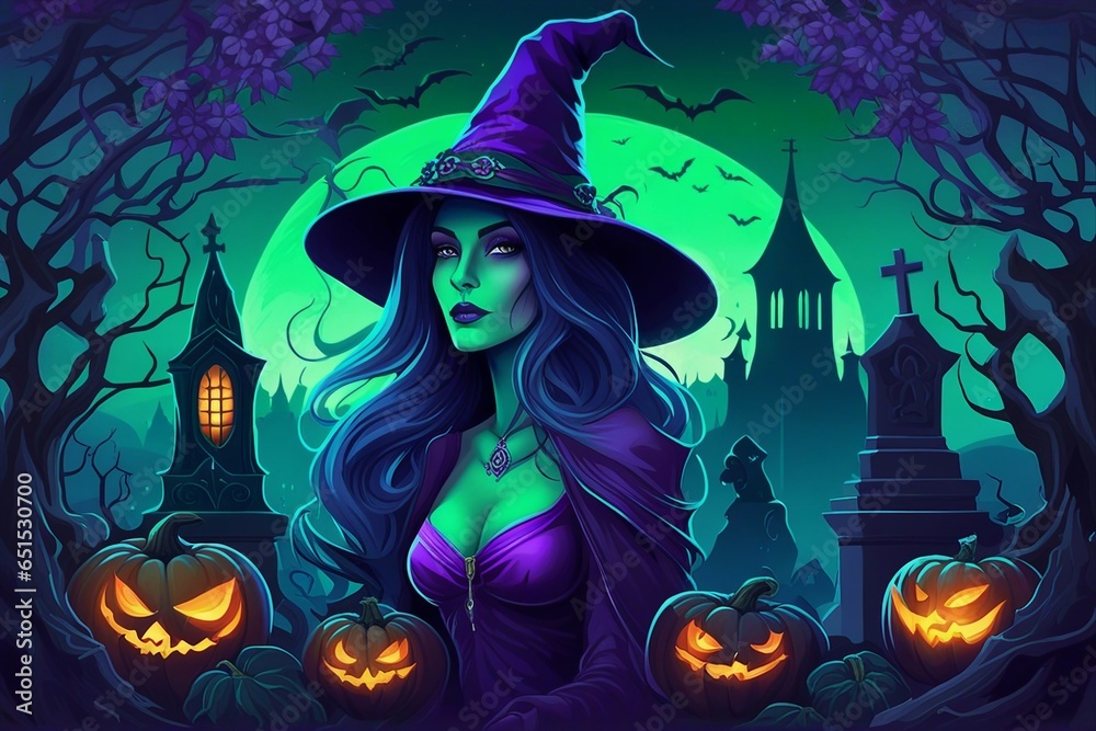 Halloween's Witch with skull and a hat, Full moon Scary Illustration Background. Halloween Background. Halloween's Witch with skull and a hat, Full moon Scary Illustration Background. Halloween Background.