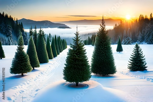 a charming Christmas tree farm with rows of evergreen trees, ready for decoration, set against a backdrop of a clear, wintry day © Adam