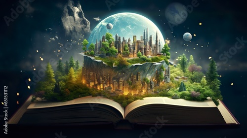 Creative Collage of Global Knowledge - Conceptual Illustration Featuring Books, Earth, Concept of the World in a Book