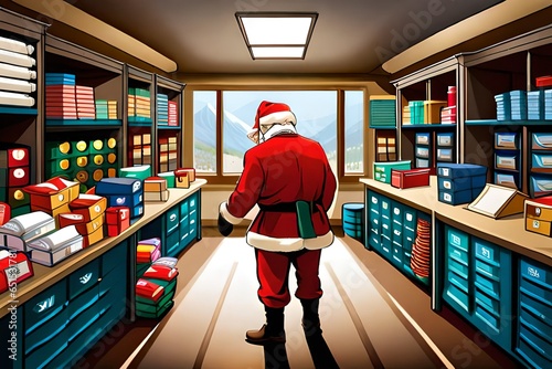 Santa's bustling mailroom at the North Pole, with elves sorting and packing letters from children around the world, surrounded by colorful envelopes and festive decorations © Adam