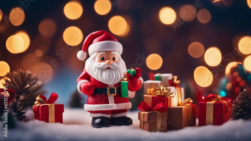 Miniature santa claus with christmas gifts