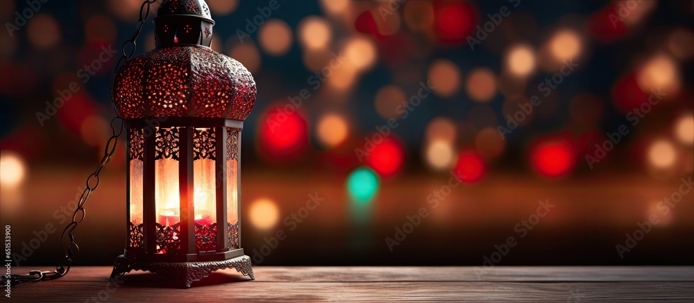 Antique lantern with red prayer beads Nighttime Ramadan ambiance with light d cor in the backdrop Antique lantern with red prayer beads Nighttime Ramadan ambiance with light d cor in the backdrop