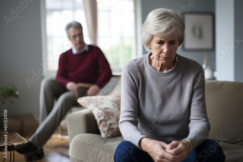 Angry frustrated tired senior couple sitting separately on home couch in silence, looking away, ignoring, thinking over relationship problems, divorce, breakup, marriage crisis