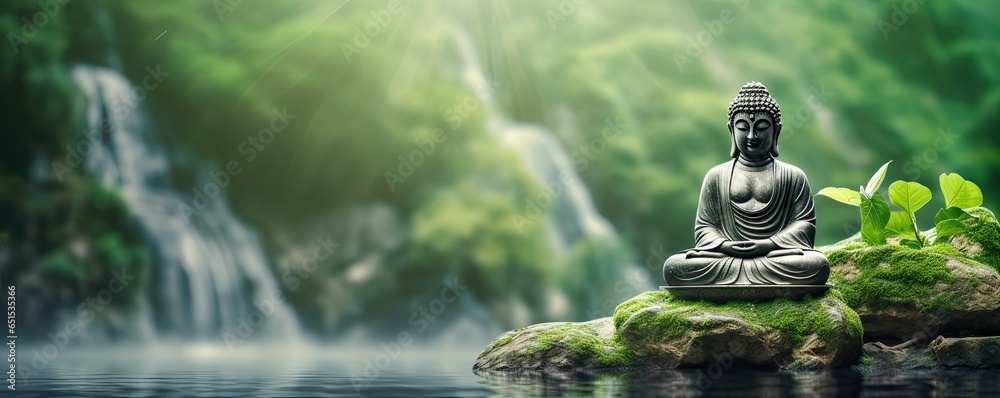 Buddha statue on the shore of a lake in bamboo forest. - obrazy, fototapety, plakaty 