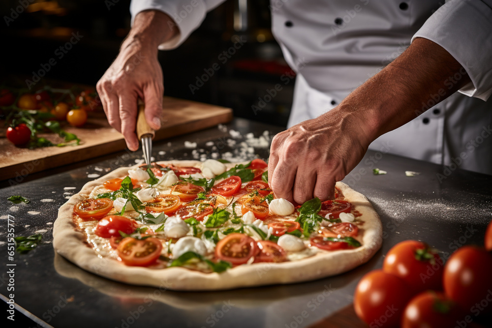 skilled pizzaiolo crafting a pizza with precision, capturing the moment when the fresh ingredients are skillfully arranged on the dough, highlighting the artistry of traditional pi