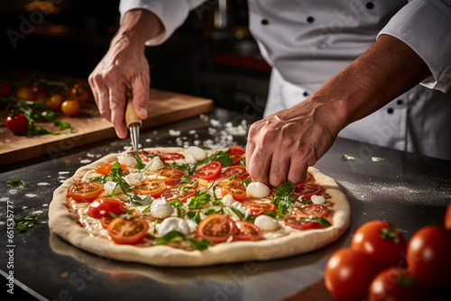 skilled pizzaiolo crafting a pizza with precision  capturing the moment when the fresh ingredients are skillfully arranged on the dough  highlighting the artistry of traditional pi