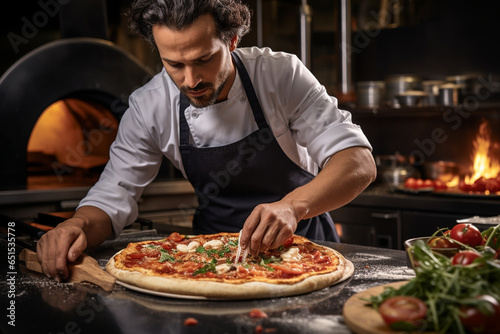 skilled pizzaiolo crafting a pizza with precision, capturing the moment when the fresh ingredients are skillfully arranged on the dough, highlighting the artistry of traditional pi photo