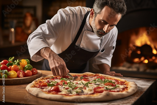 skilled pizzaiolo crafting a pizza with precision, capturing the moment when the fresh ingredients are skillfully arranged on the dough, highlighting the artistry of traditional pi © forenna