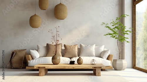Rustic interior design of modern living room with beige fabric sofa and cushions.