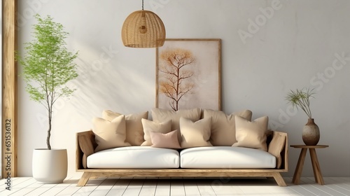 Rustic interior design of modern living room with beige fabric sofa and cushions.