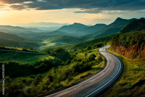 A winding road going into the distance by the setting sun, mountains on the horizon