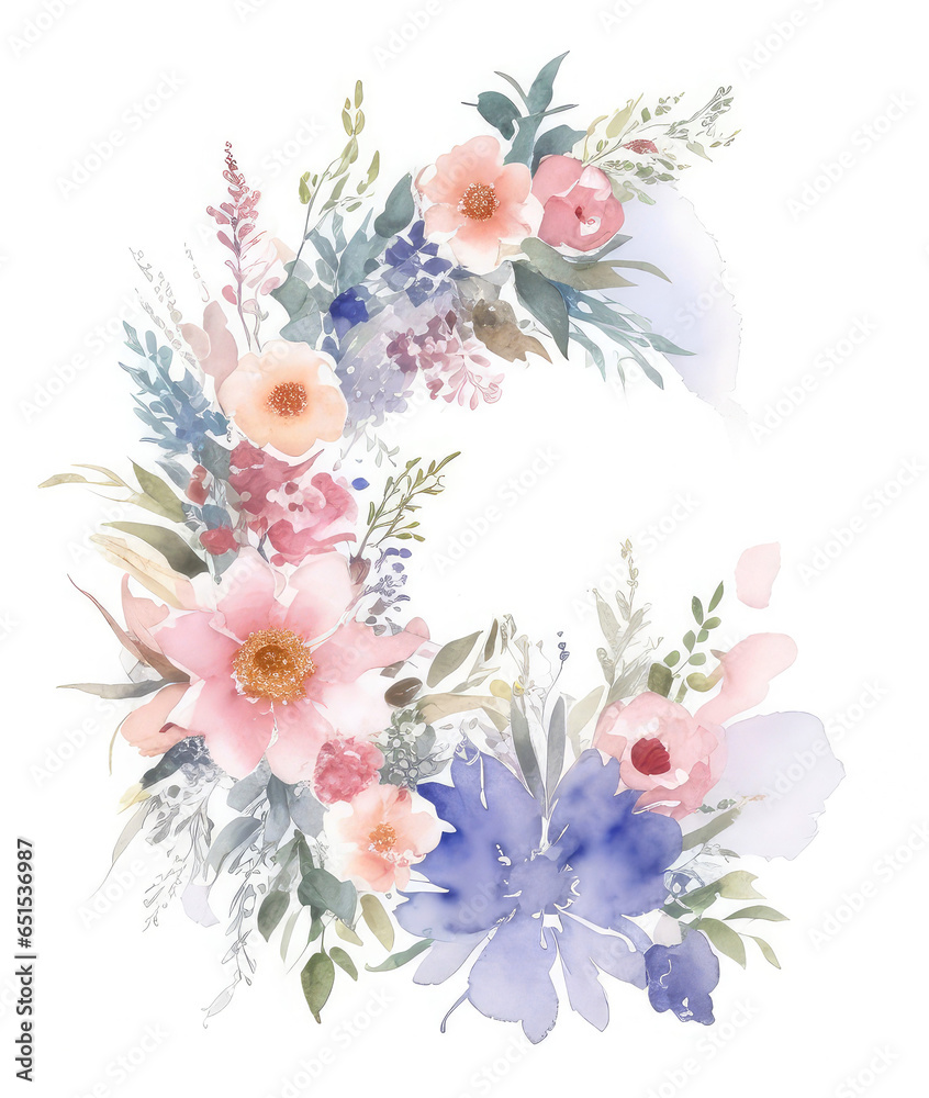 Cute watercolor illustration isolated on white background. Flower frame in the shape, bright colors, graceful plants.