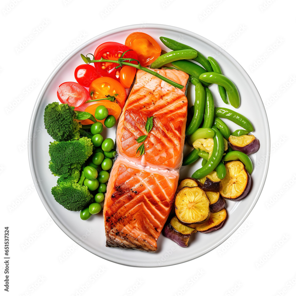 grilled salmon steak with vegetables isolated on transparent background Remove png, Clipping Path grilled salmon steak with vegetables isolated on transparent background Remove png, Clipping Path