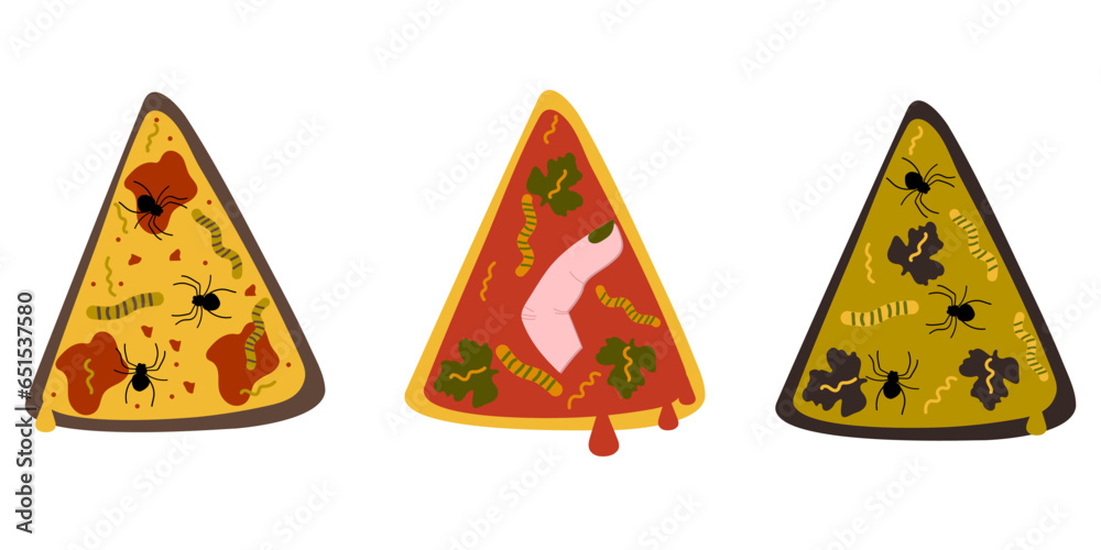 A set of three pieces of scary zombie pizza . Halloween treat . Pizzas with spiders, worms and blood and slime sauce A set of three pieces of scary zombie pizza . Halloween treat . Pizzas with spiders, worms and blood and slime sauce