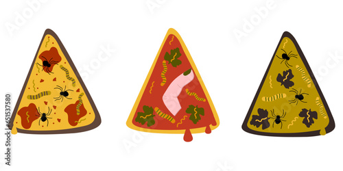 A set of three pieces of scary zombie pizza . Halloween treat . Pizzas with spiders, worms and blood and slime sauce