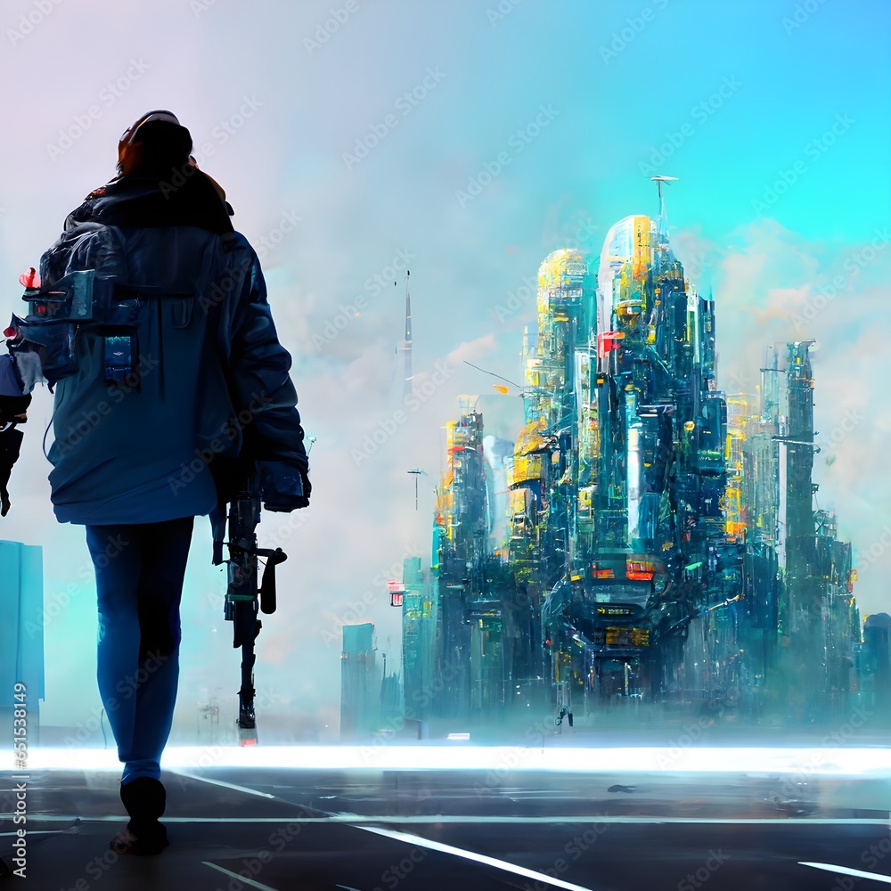 realistic futuristic cyber punk andriod realistic futuristic cyber punk andriod carrying a futuristic big gun walking through a futuristic cyber punk realistic city 4k detailed 