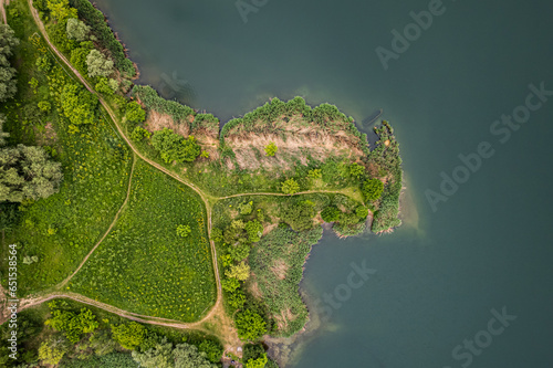 Aerial view - Bagry Lagoon, Podgórze XIII, Kraków, Poland - swimming spot in a city centre (kayak, sailing, sunbathing) Cracow must visit, sunset