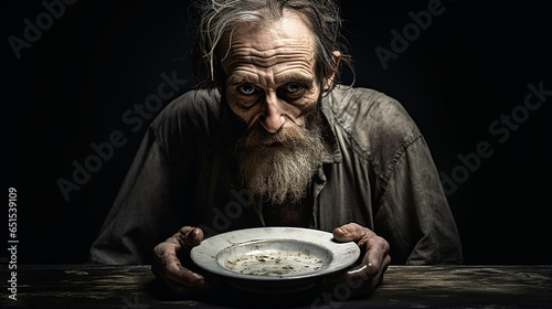 homem desnutrido com prato vazio, retrato da fome dramático 