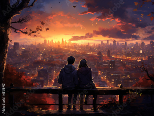 A Surreal Illustration of a Couple Gazing at the City Lights, Wrapped in the Serenity of an Autumn Night