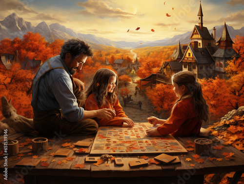 A Surreal Illustration of a Family Playing Traditional Fall Games From around the World