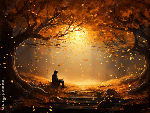 A Surreal Illustration of a Solitary Figure Reading a Book Under a Tree with Leaves Turning Gold