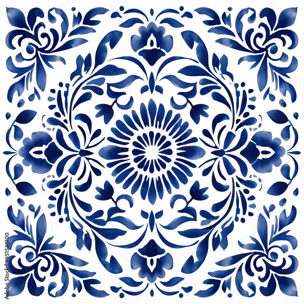 Ethnic folk ceramic tile in talavera style with navy blue floral ornament. Italian pattern, traditional Portuguese and Spain decor. Mediterranean porcelain pottery isolated on white background - obrazy, fototapety, plakaty 