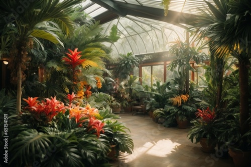 Flower garden in a greenhouse with sunbeams and shadows.