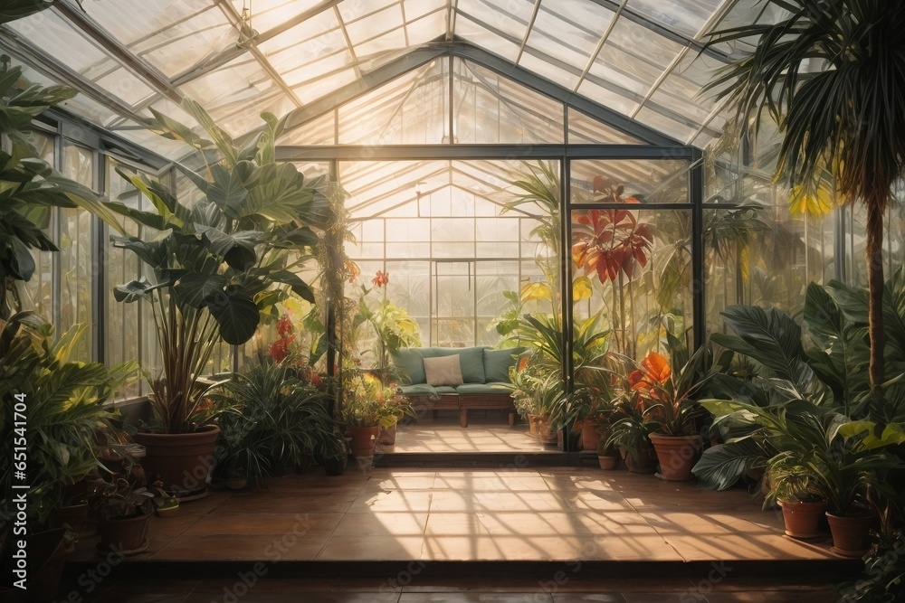 Flower garden in a greenhouse with sunbeams and shadows. - obrazy, fototapety, plakaty 