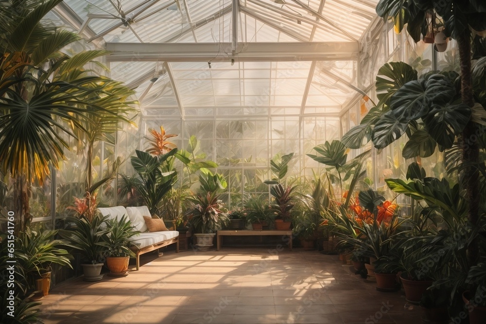 Flower garden in a greenhouse with sunbeams and shadows.