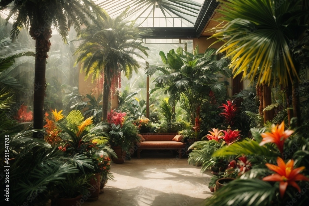 Flower garden in a greenhouse with sunbeams and shadows.