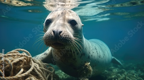 A sea seal swimming underwater with garbage and remnants of fishing nets, Environmental disaster in sea. © visoot