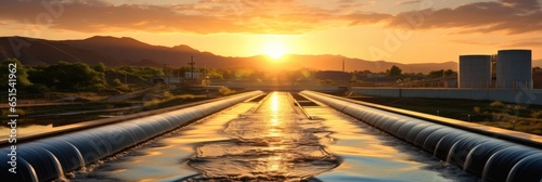 Sewage treatment plant, A water treatment plant at sunset.