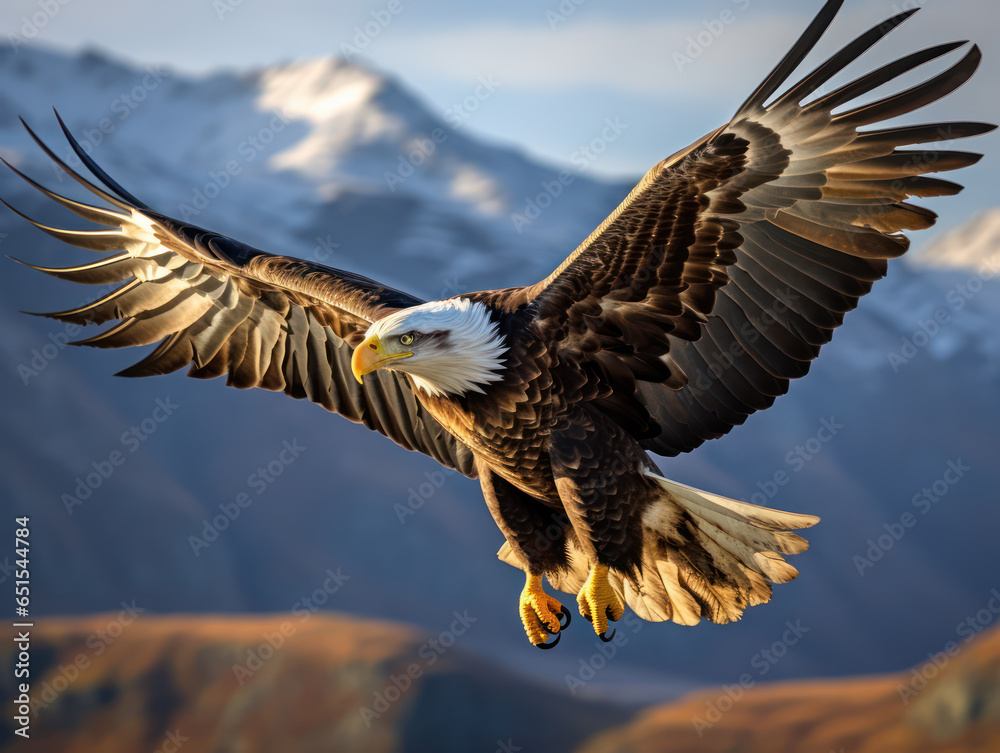 Obraz premium Eagle flying and gliding and majestic on the sky over high mountains, concept of wildlife and nature