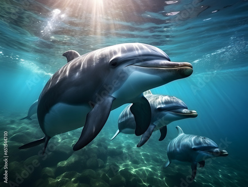 Three dolphins enjoying together on the deep clear blue water and sunlight beneath the surface of water in the background © Kedek Creative