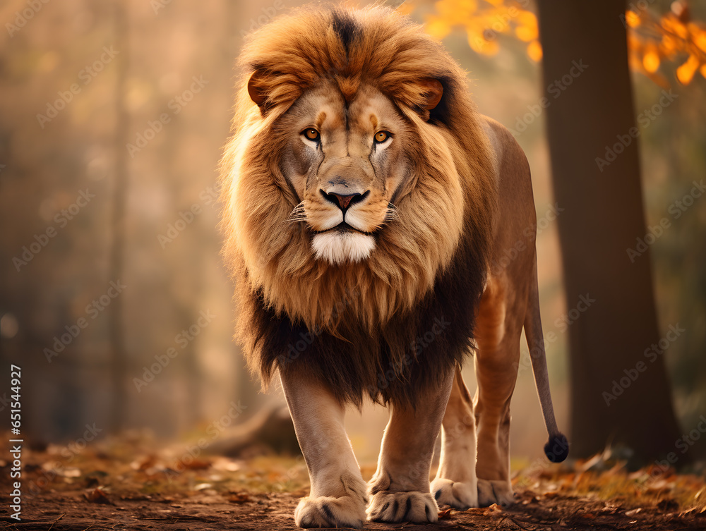 The most beautiful lion walks in natural habitat, the brave and brave king of the jungle