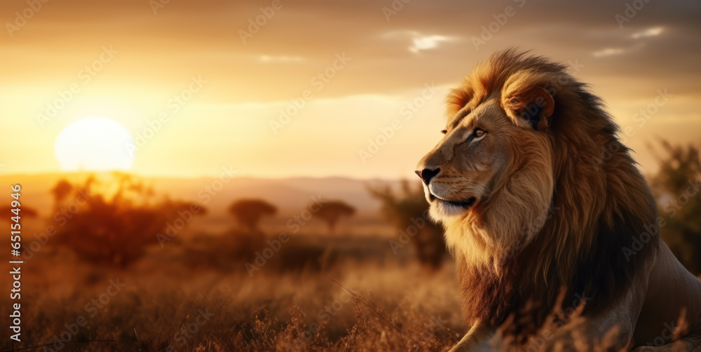 The big male lion was staring intently and resting with copy space - obrazy, fototapety, plakaty 