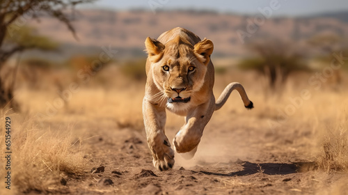 Young lioness is running with sunset shine on savana photo