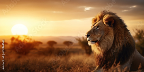 The big male lion was staring intently and resting with copy space