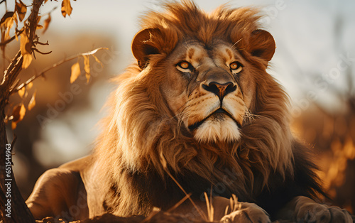 The big male lion was staring intently and resting