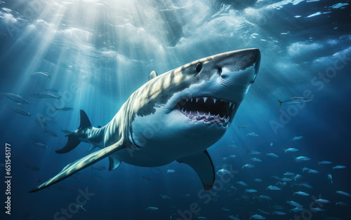 Great white shark, big fish predator in deep blue sea ocean
