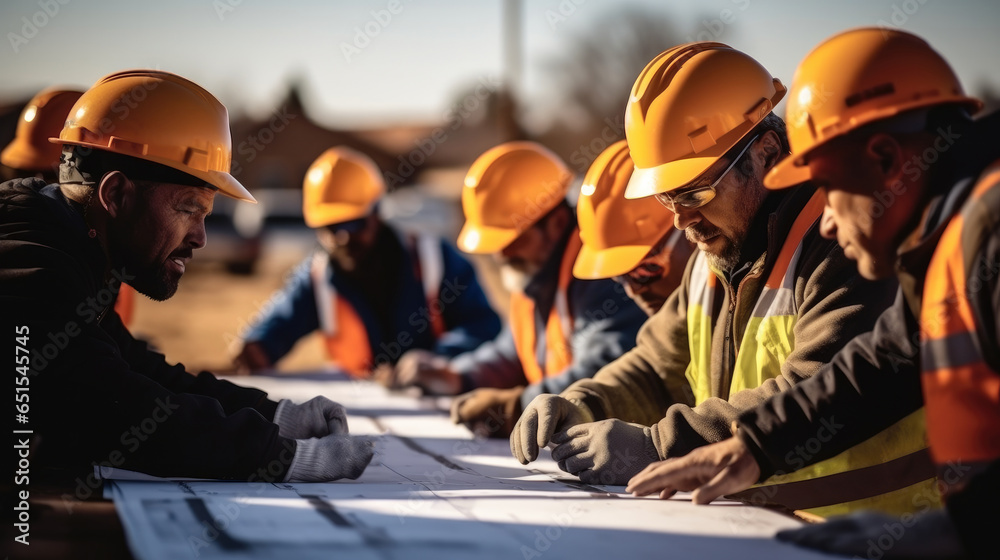 Builders and architect looking at plans together at building site. Builders and architect looking at plans together at building site.