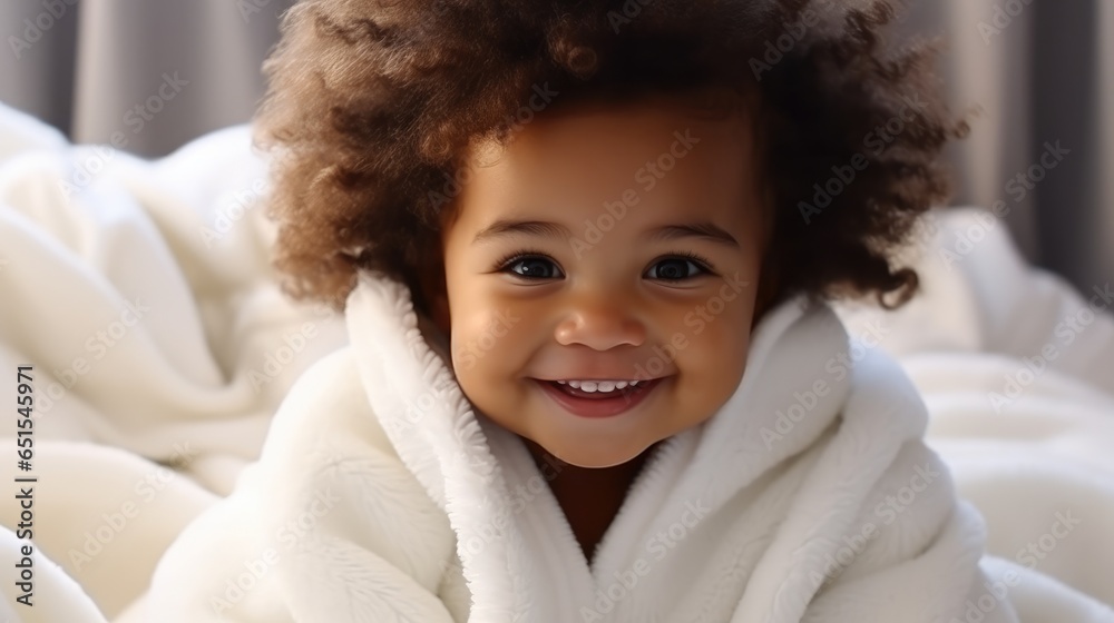 Little smiling black baby kid wrapped in soft white blanket on a bed. Little smiling black baby kid wrapped in soft white blanket on a bed.