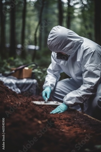 A police officer takes evidence from the crime scene, Forensic scientist in protective gloves doing working at crime scene.