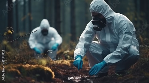 A police officer takes evidence from the crime scene, Forensic scientist in protective gloves doing working at crime scene. © visoot