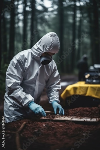 Forensic scientist in protective gloves are working at crime scene.