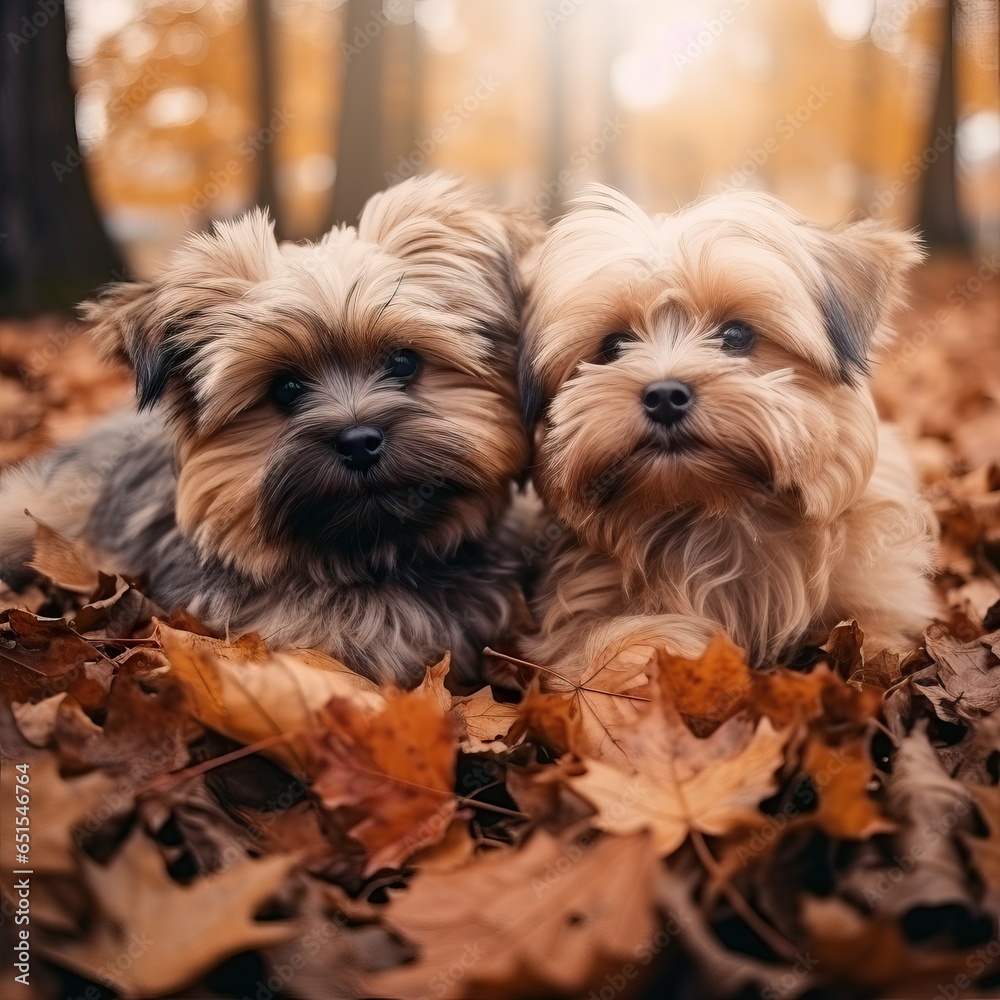 Two dogs sitting in leaves in autumn forest. Yorkshire terrier dog lying in a pile of fall leaves. Animal care. Love and friendship concept. Mocha Mousse - color of the year 2025 Two dogs sitting in leaves in autumn forest. Yorkshire terrier dog lying in a pile of fall leaves. Animal care. Love and friendship concept. Mocha Mousse - color of the year 2025