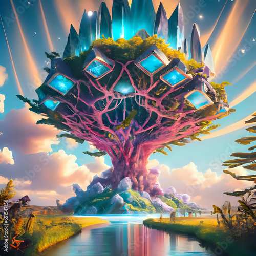 Illustration of a hyperrealistic , otherworldly, ultrasky scene featuring a giant crystal tree full body,very detailed and magical lighting, intricate forest details, vegetation and river around, sola photo
