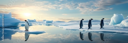 Group of penguin on ice, Concept diminishing polar ice.