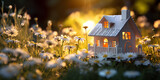 A small wooden house in a grassy area sunset background